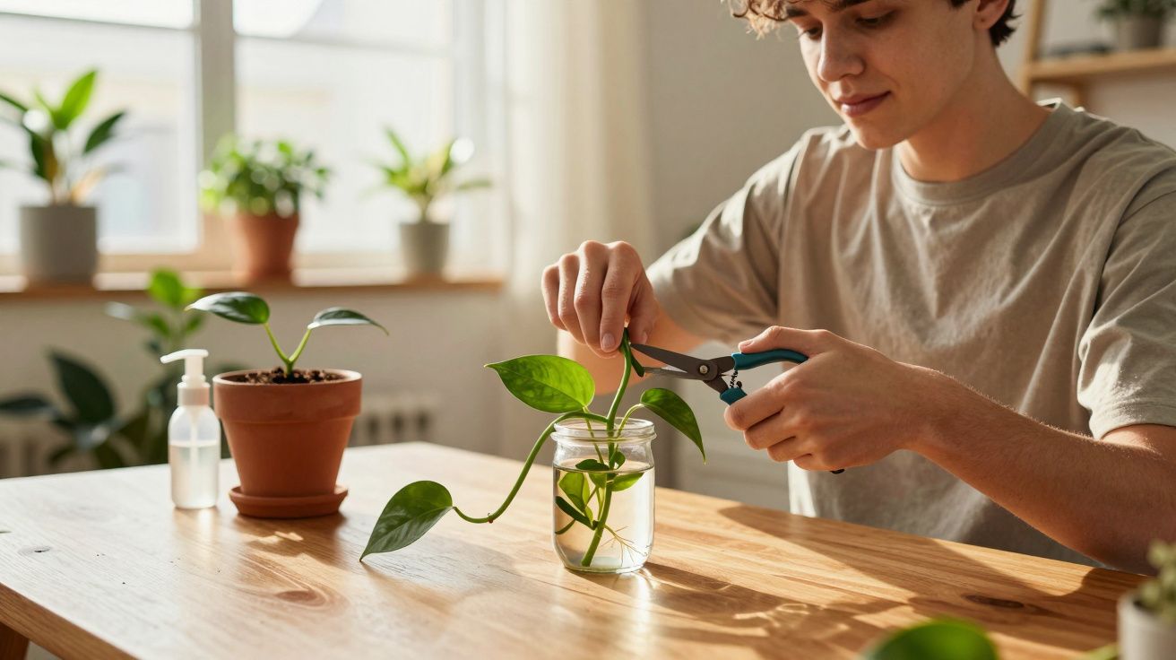Pessoa a cortar planta dentro de frasco de vidro numa mesa com outras plantas e desinfetante.