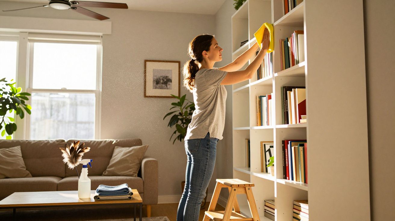 Mulher a limpar uma estante branca com livro numa sala iluminada e decorada com sofá e plantas.