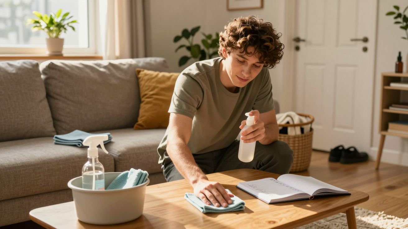 Jovem a limpar uma mesa de madeira com um pano azul num ambiente de sala de estar iluminado.