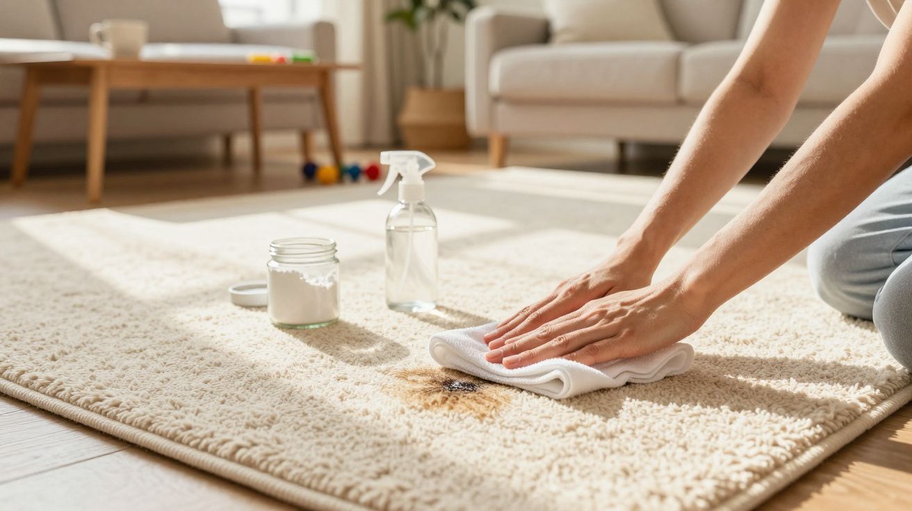 Mãos a limpar nódoa castanha num tapete claro com pano branco, spray e frasco de pó em sala iluminada.