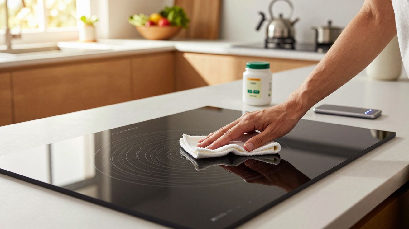 Mão a limpar placa de fogão de indução preta com um pano branco numa cozinha moderna.