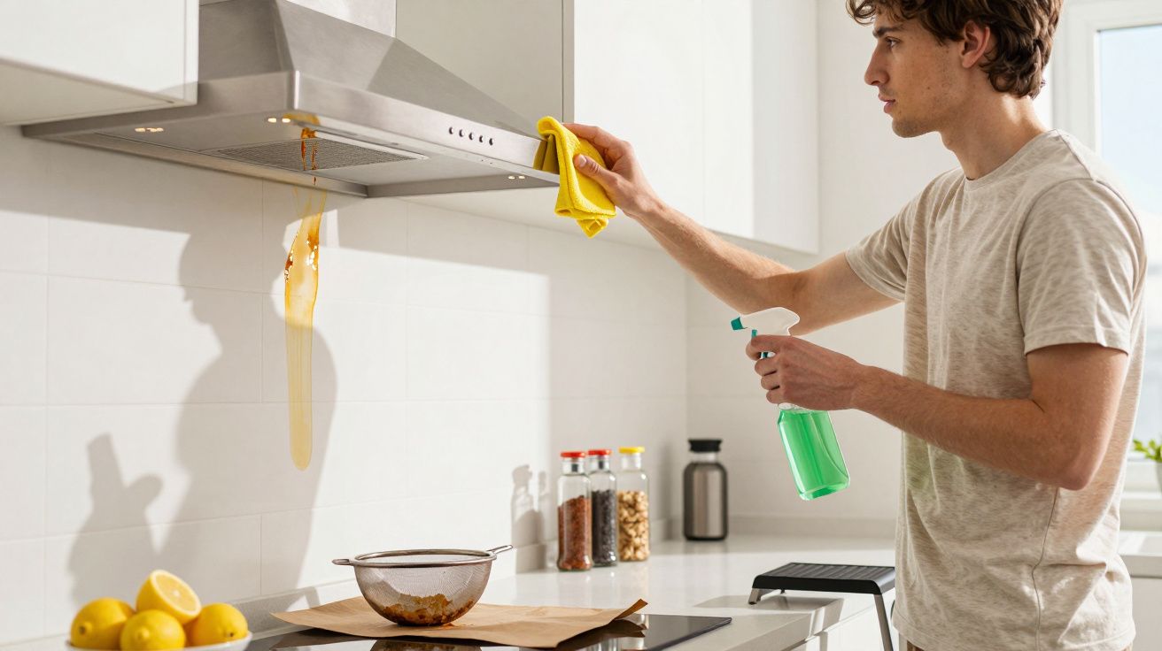 Homem a limpar exaustor da cozinha com pano amarelo e spray de limpeza verde, painel branco e utensílios na bancada.