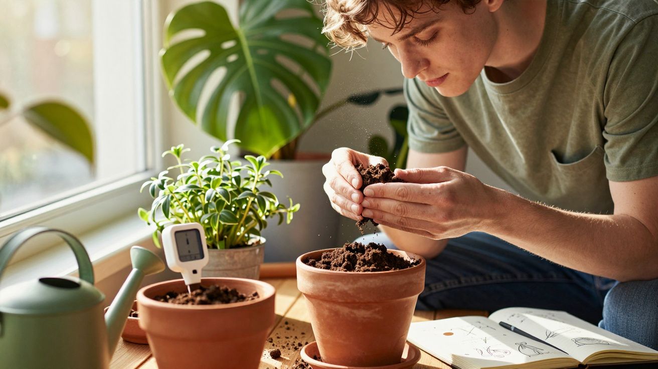 Jovem a preparar terra para plantar numa planta em vaso, junto a uma janela com luz natural.