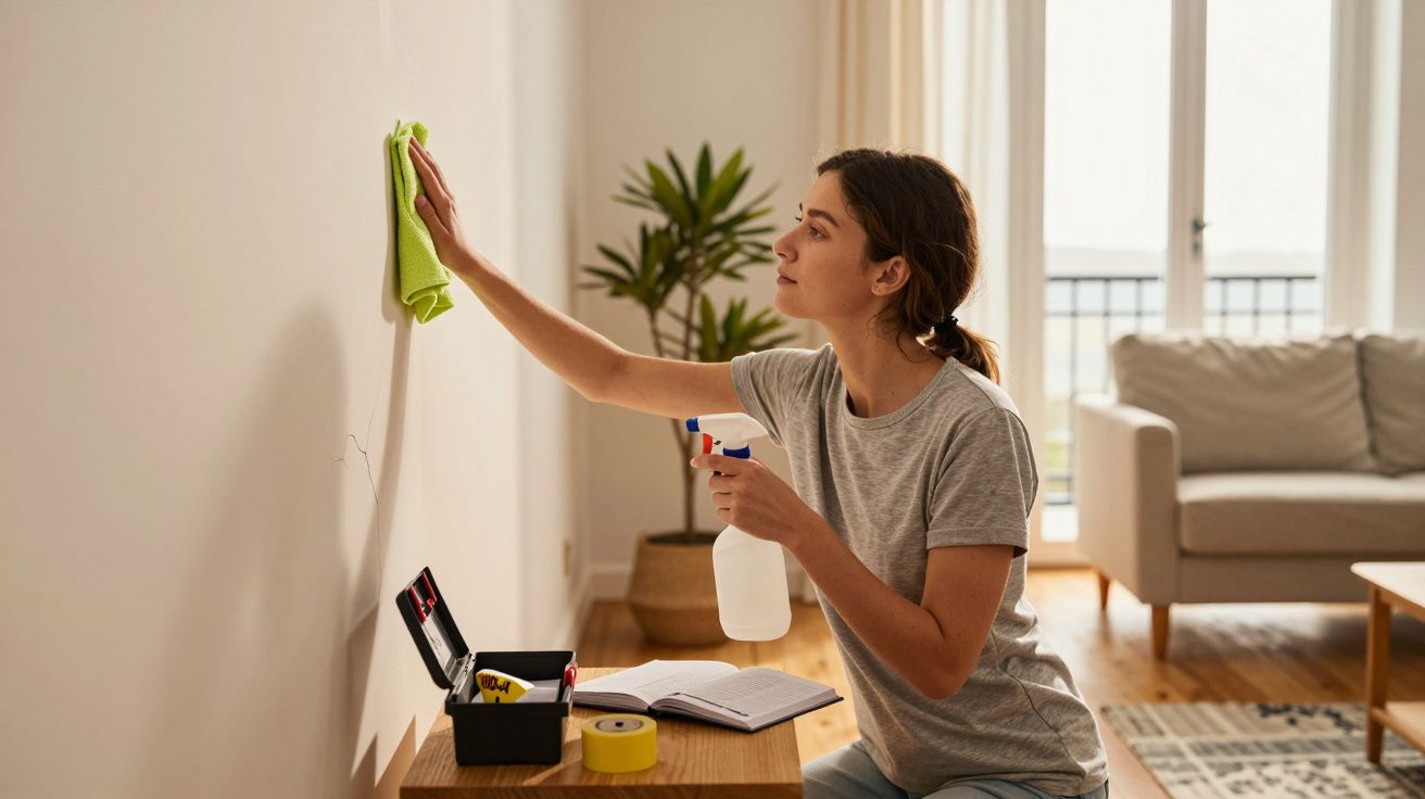 Mulher a limpar parede com pano e spray numa sala com sofá cinzento e planta decorativa ao fundo.