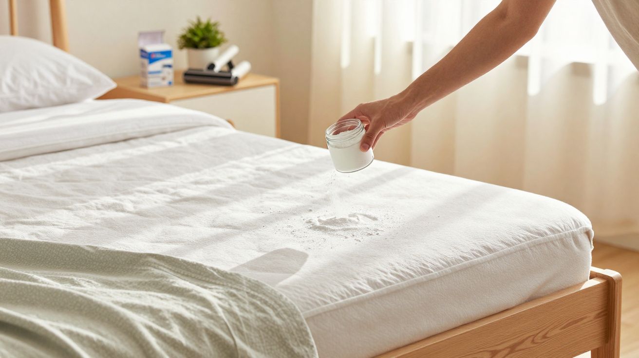 Pessoa a espalhar pó branco sobre colchão de cama numa divisão iluminada por luz natural.