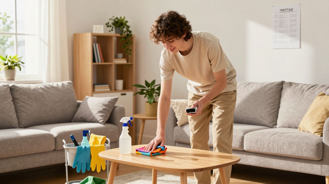 Pessoa jovem a limpar mesa de madeira numa sala iluminada com sofá cinzento e plantas decorativas.