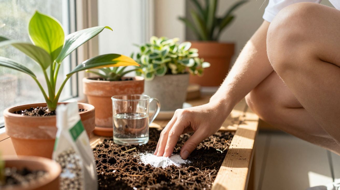 Pessoa a polvilhar fertilizante branco na terra de vasos com plantas junto a uma janela.