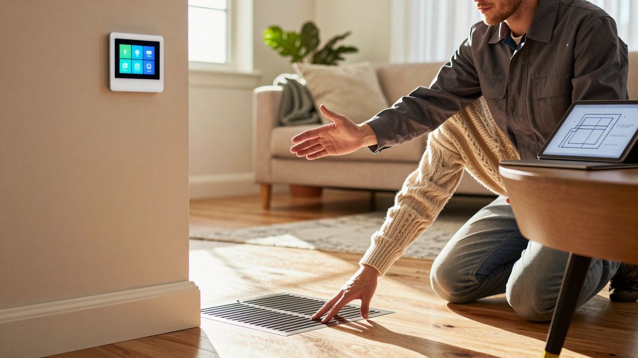 Homem verifica grelha de ventilação no chão, com tablet e painel de controle digital na parede.