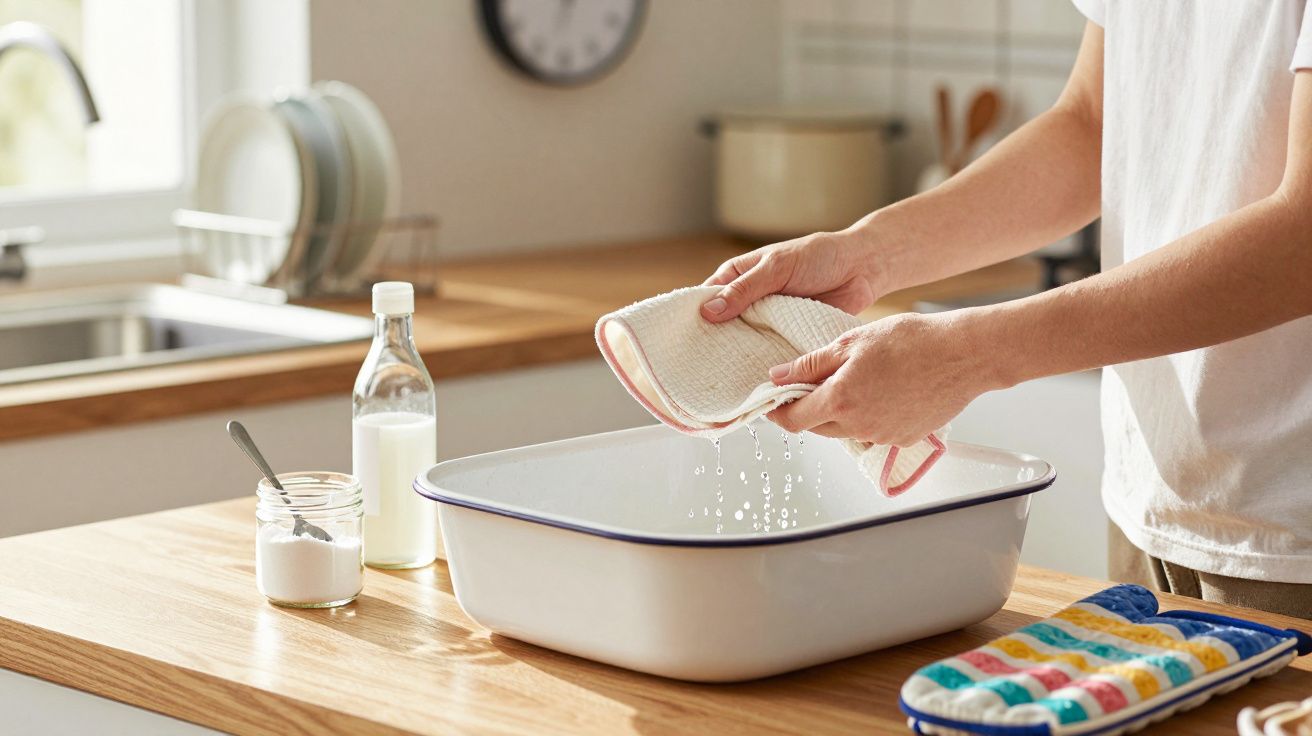 Pessoa a torcer um pano com pia e ingredientes de limpeza numa cozinha iluminada naturalment em madeira clara.