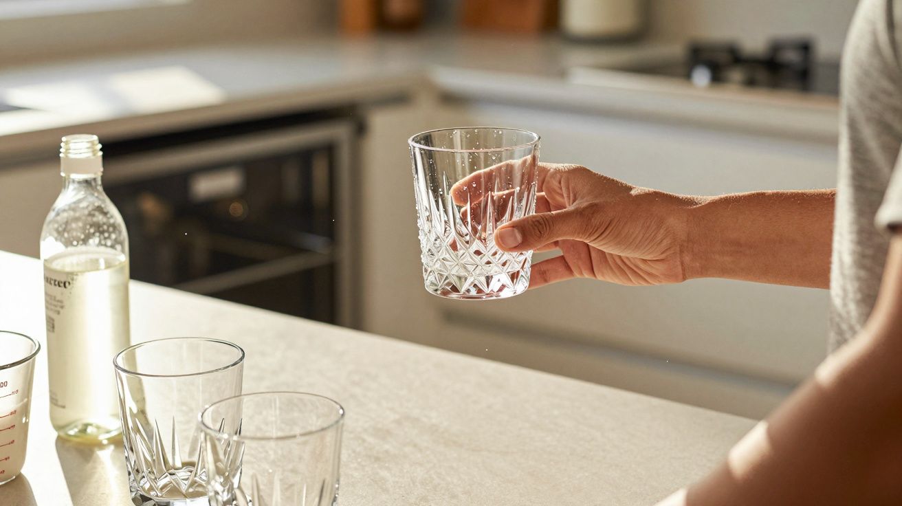 Pessoa a segurar um copo transparente em cozinha moderna, com garrafa e dois copos na bancada.