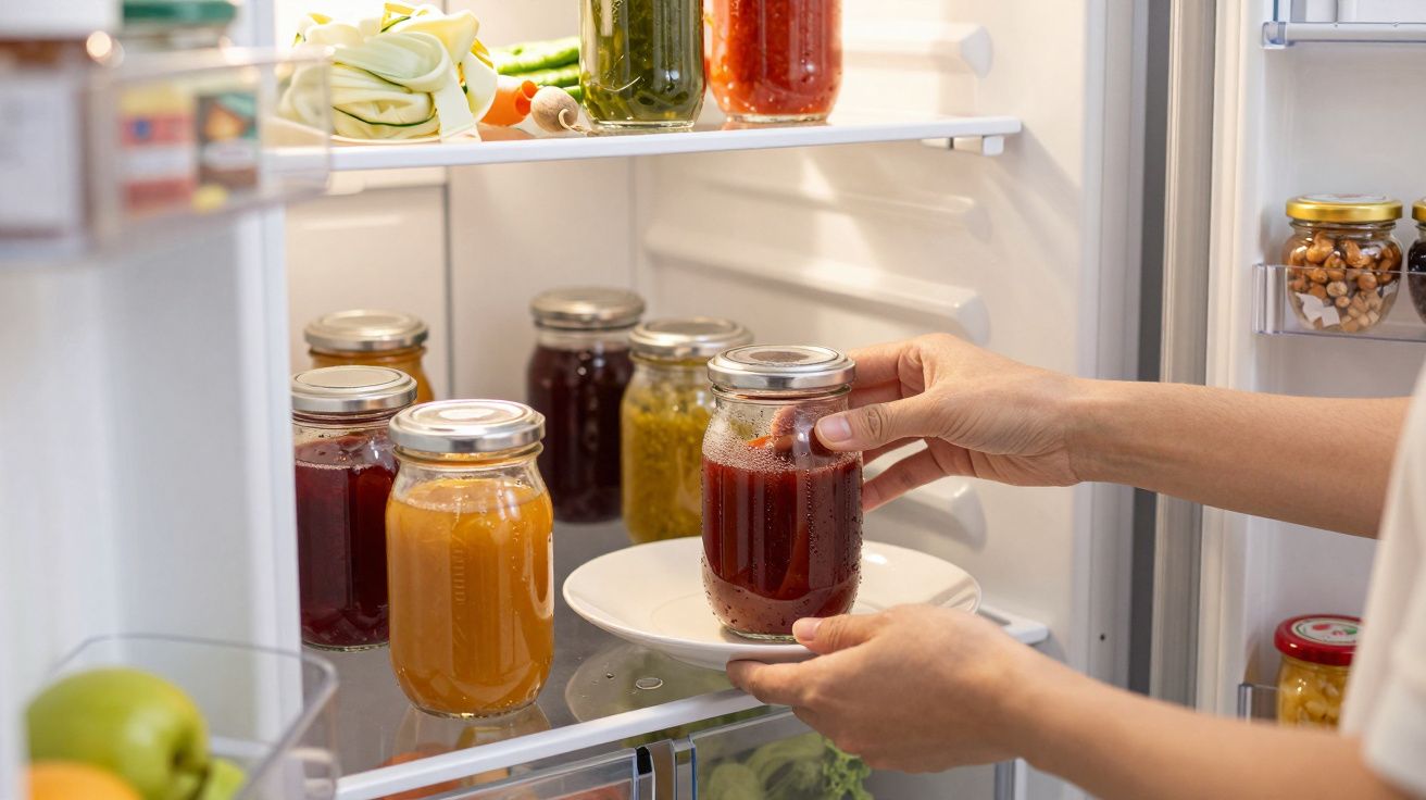 Mãos a tirar frasco com suco vermelho de prateleira na parte interior de um frigorífico cheio de frascos variados.