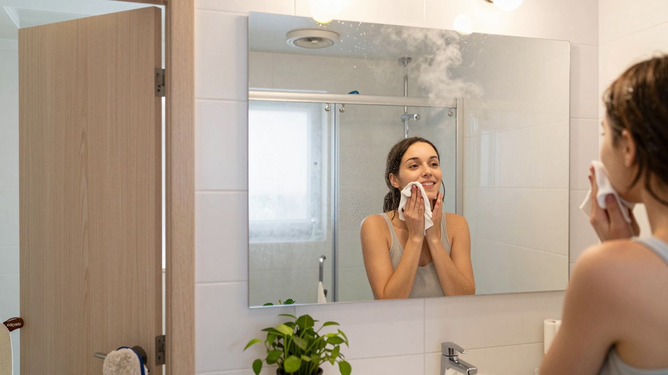 Mulher a limpar o rosto com toalha, refletida no espelho de casa de banho com vapor no vidro.