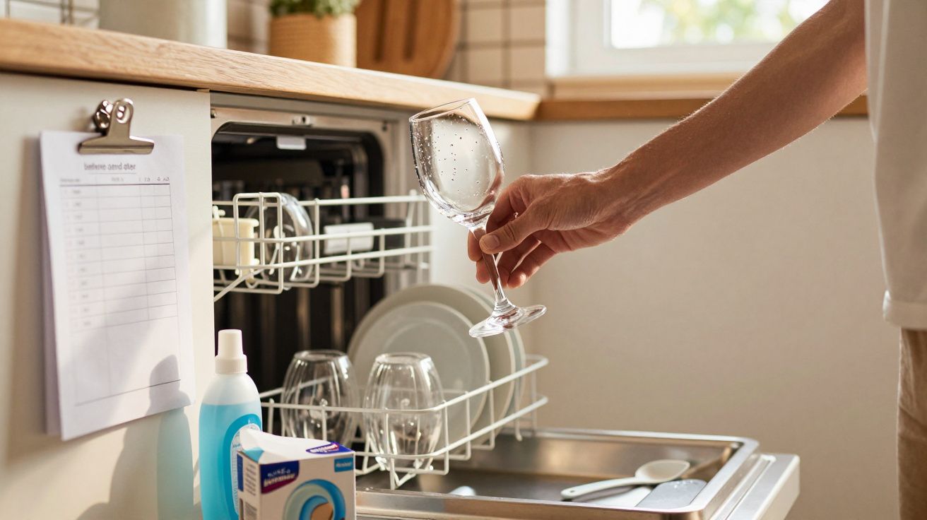 Pessoa a retirar copo de vinho lavado numa máquina de lavar loiça numa cozinha moderna.