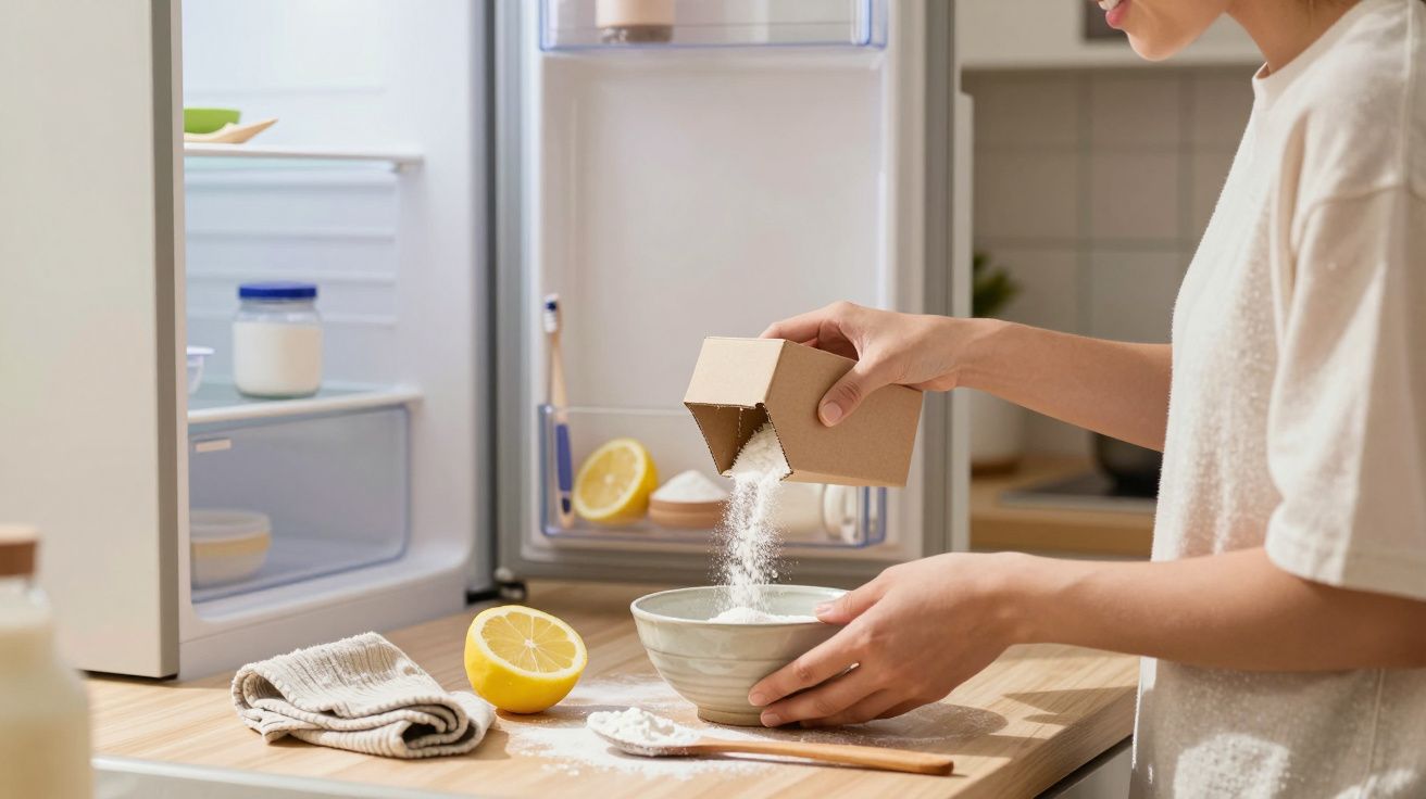 Pessoa a verter farinha de um pacote para uma taça na cozinha com frigorifico aberto ao fundo.