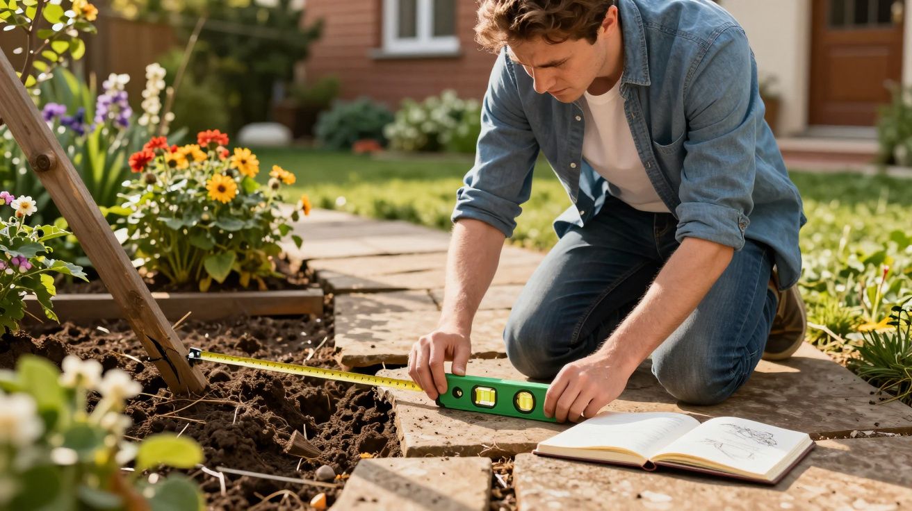 Homem a medir espaço no jardim com nível de bolha, rodeado por flores e plantas, com caderno aberto ao lado.
