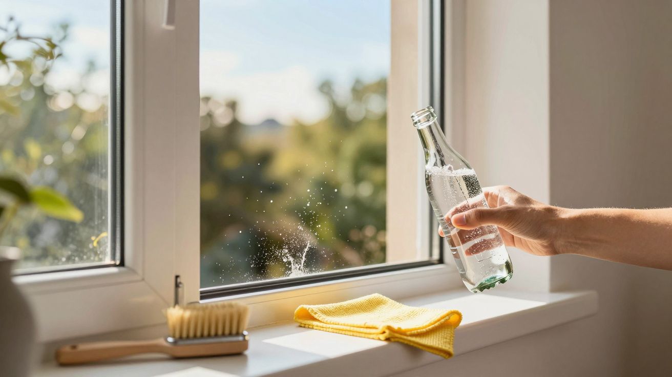 Mão a segurar garrafa de vidro com água junto a uma janela aberta com pano amarelo e escova sobre o peitoril.