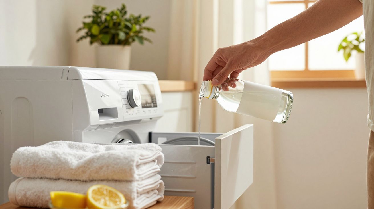 Pessoa a verter detergente líquido para máquina de lavar roupa branca numa casa iluminada.