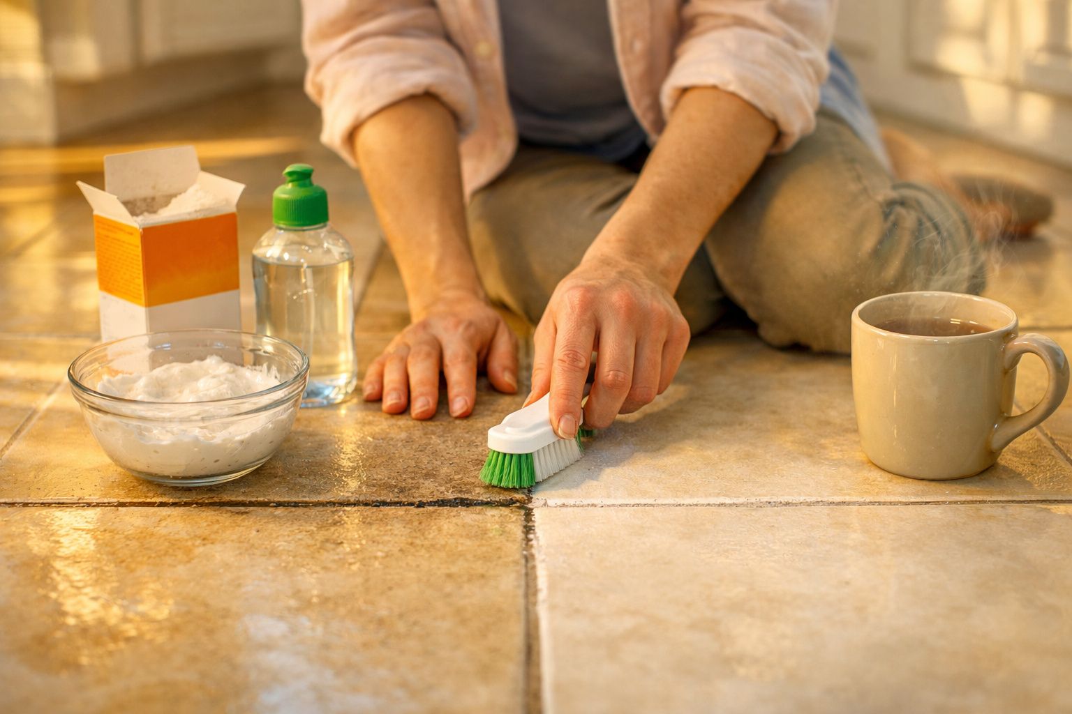 Pessoa a limpar juntas de azulejos com escova e bicarbonato, perto de um frasco de álcool e uma caneca.
