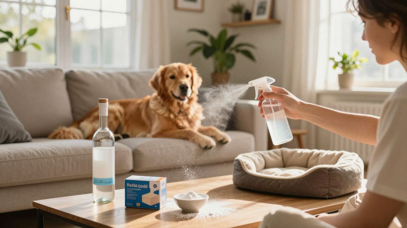 Pessoa a borrifar solução num sofá onde está um cão dourado, com produtos de limpeza e cama de cão na mesa.