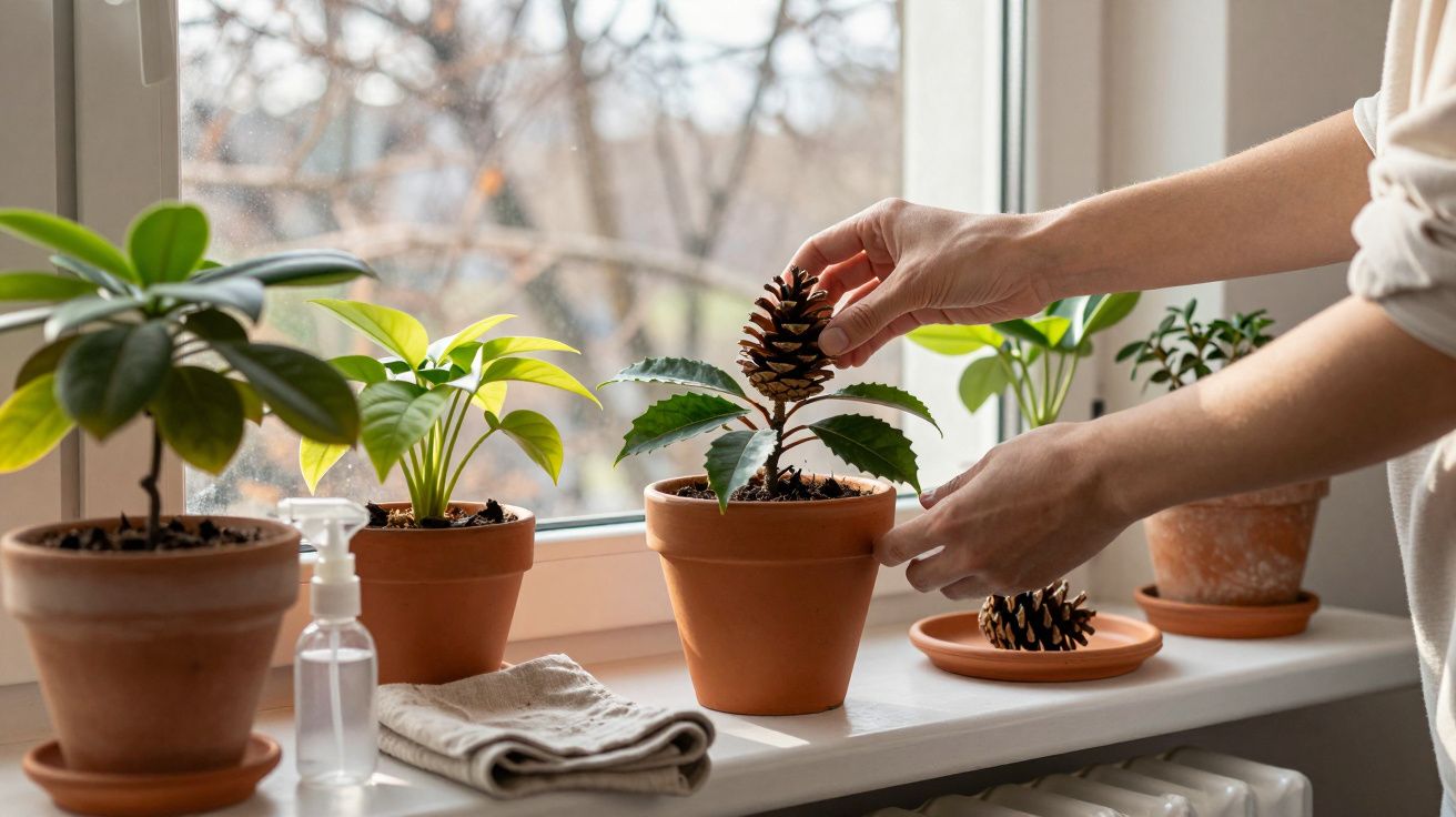 Mãos a colocar pinha em vaso com planta numa janela com outras plantas em vasos de barro ao lado.