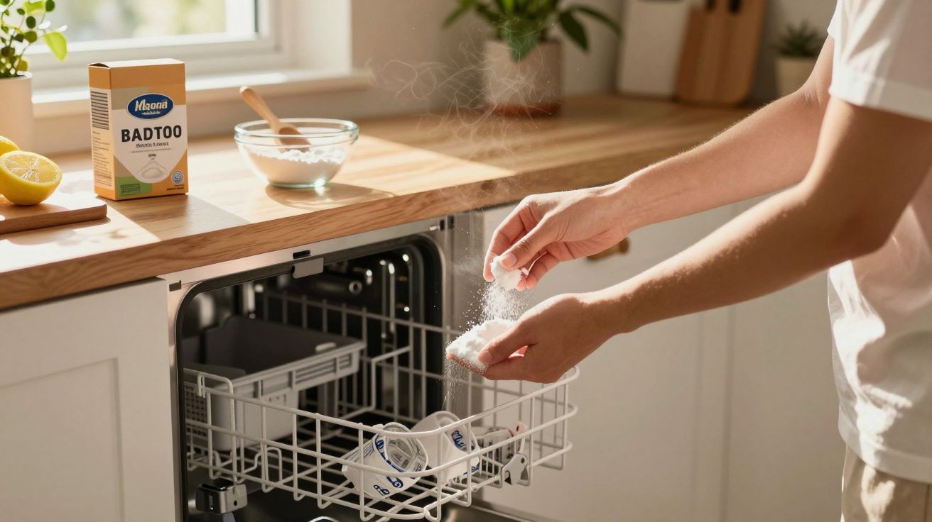 Mãos polvilham detergente em pó no interior de máquina de lavar loiça numa cozinha luminosa e organizada.