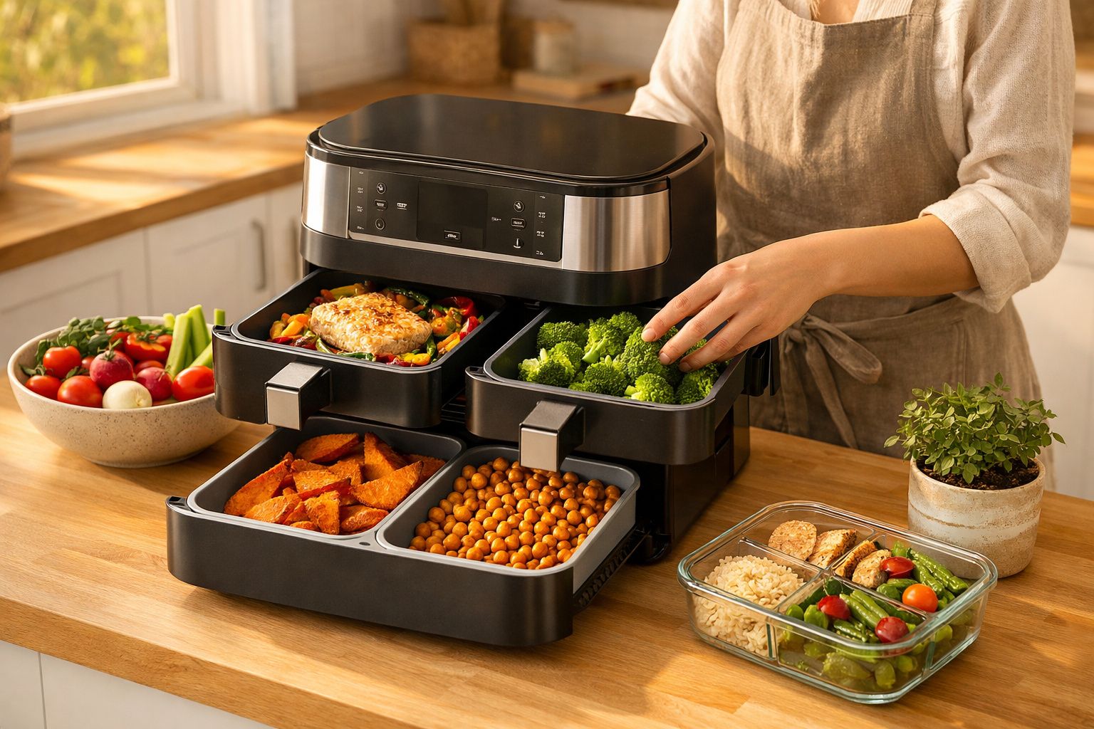 Máquina de cozinha multifunções com compartimentos cheios de legumes, grão-de-bico e batatas-doces sendo manuseada.