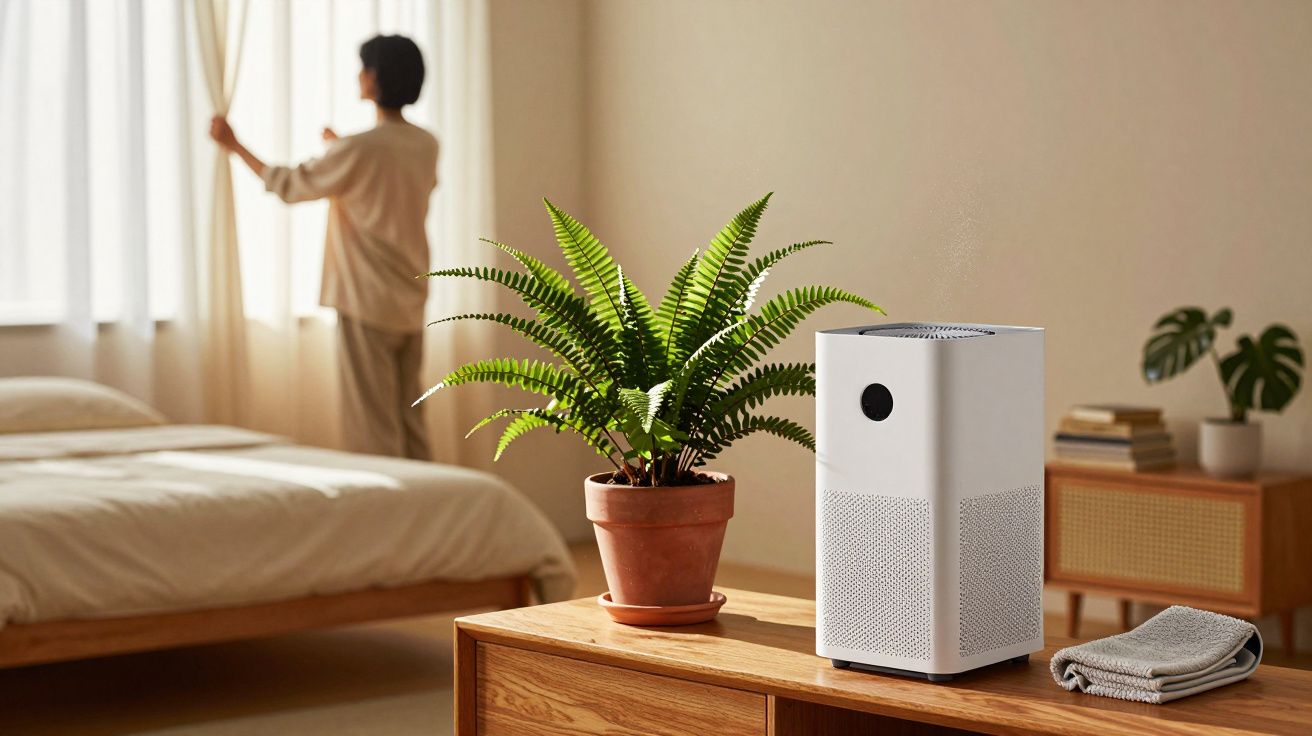 Aparelho purificador de ar e planta em vaso num quarto com cama e pessoa a abrir cortinas.