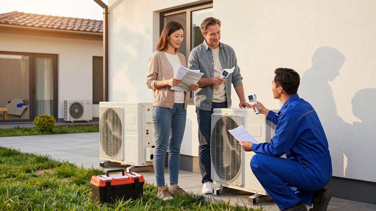 Técnico em roupa azul explica funcionamento de ar condicionado a casal junto a unidades exteriores na casa.