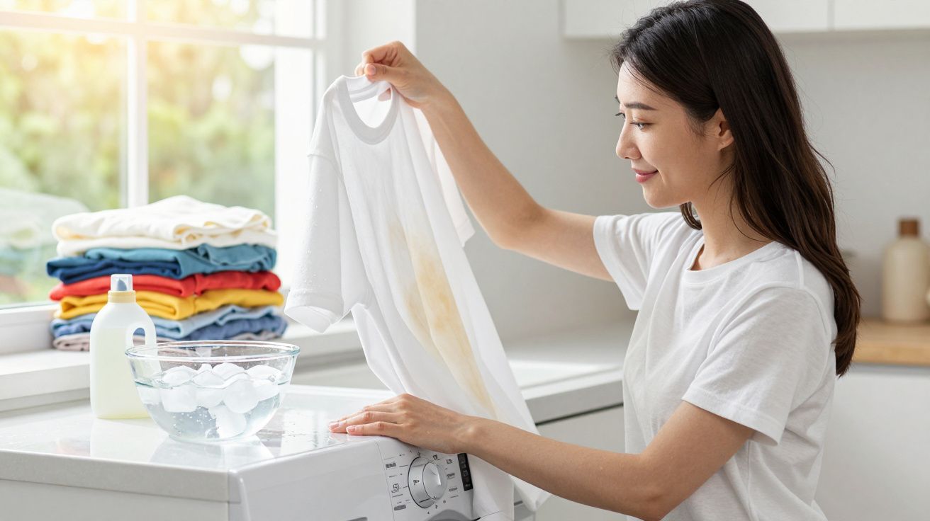 Mulher segurando t-shirt branca com nódoa, preparando lavagem com produtos e gelo numa lavandaria iluminada.