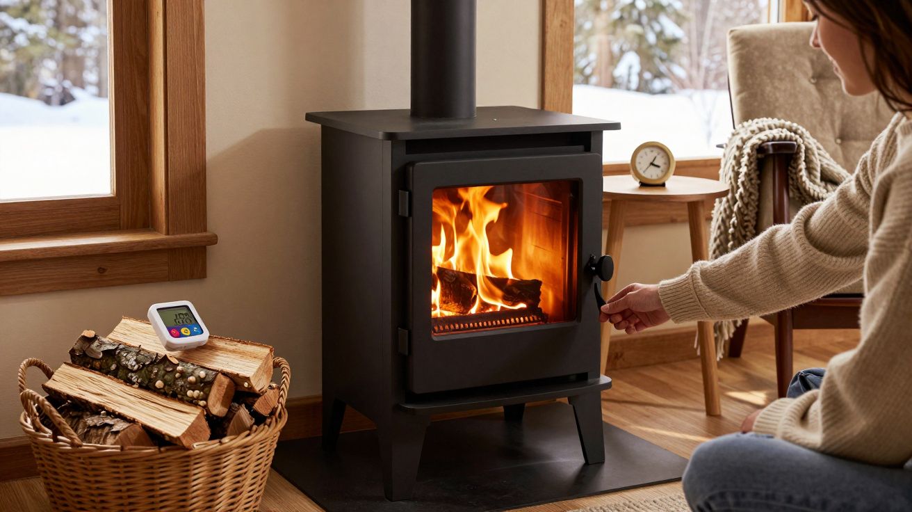 Mulher a ligar salamandra a lenha acesa numa sala acolhedora com janela e cesto de lenha.