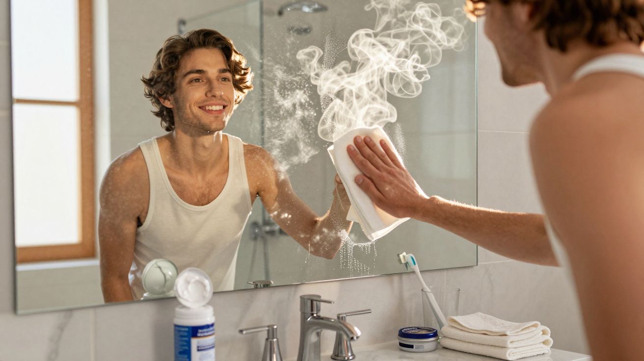 Jovem a limpar um espelho de casa de banho com um pano branco, sorrindo ao seu reflexo.
