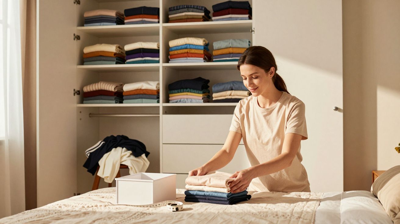 Mulher jovem a dobrar roupa em quarto organizado com armário cheio de peças dobradas.