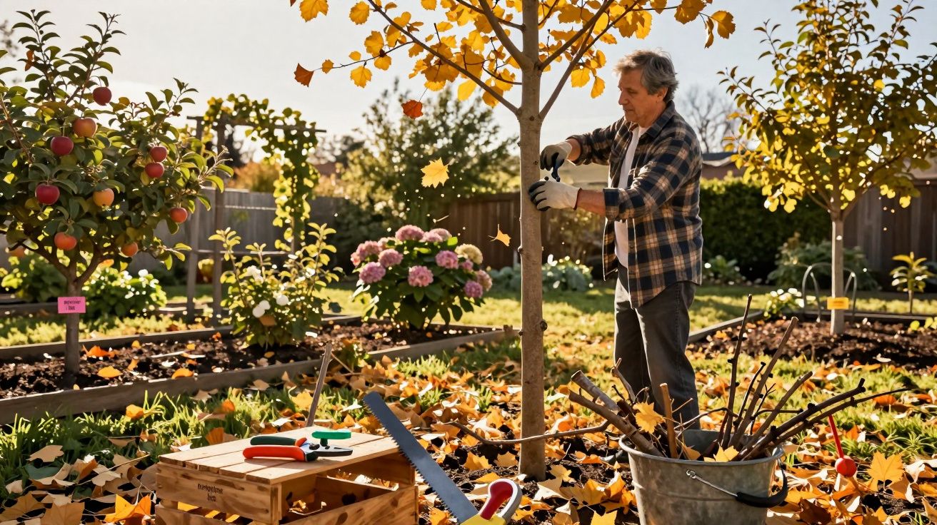 Homem com luvas faz manutenção em árvore numa horta com folhas de outono espalhadas pelo chão.
