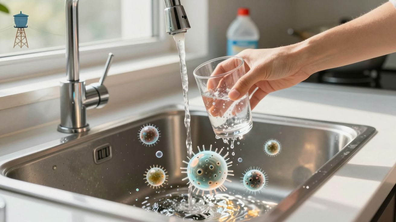 Pessoa a encher copo com água da torneira, com ilustrações digitais de vírus na pia de cozinha.