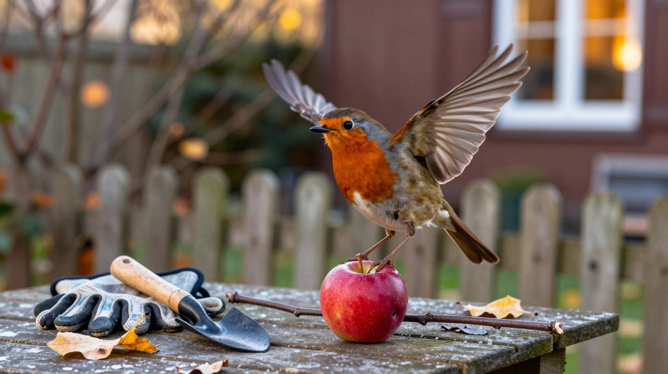 Pisco-de-peito-ruivo com asas abertas pousado numa maçã vermelha numa mesa de madeira com luvas e enxada.