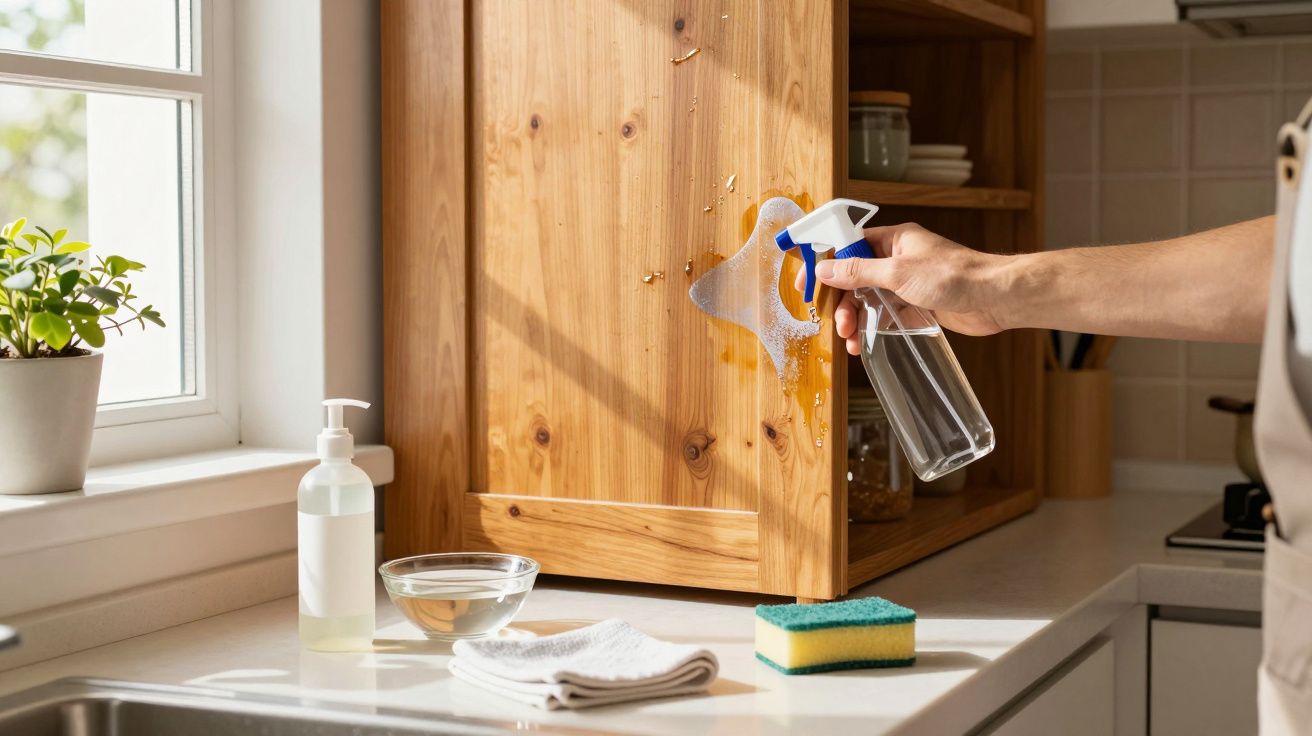 Pessoa a limpar nódoa de líquido num armário de madeira na cozinha com pulverizador e esponja.
