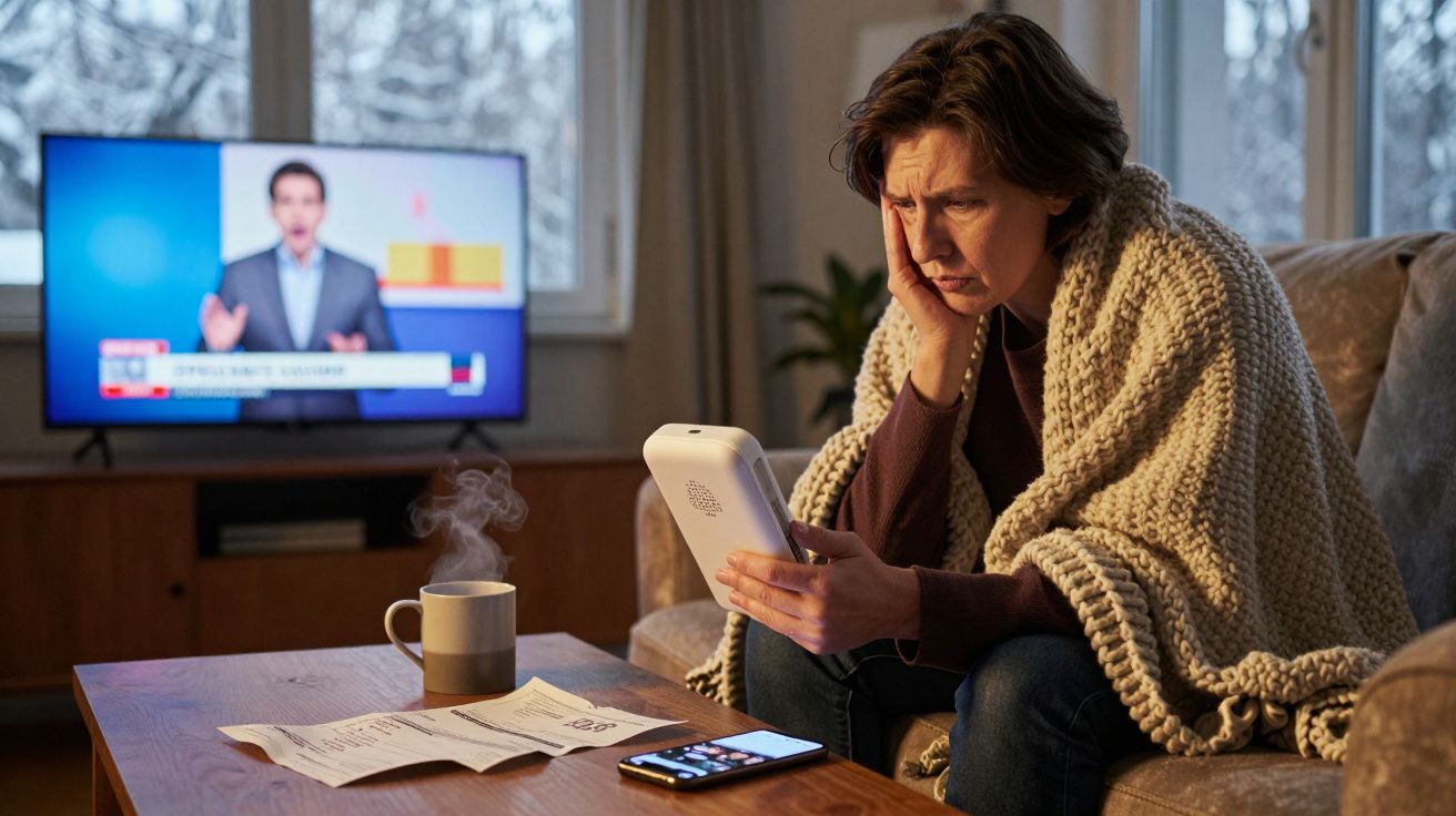 Mulher preocupada sentada no sofá com cobertor, a olhar para dispositivo médico enquanto a televisão está ligada.