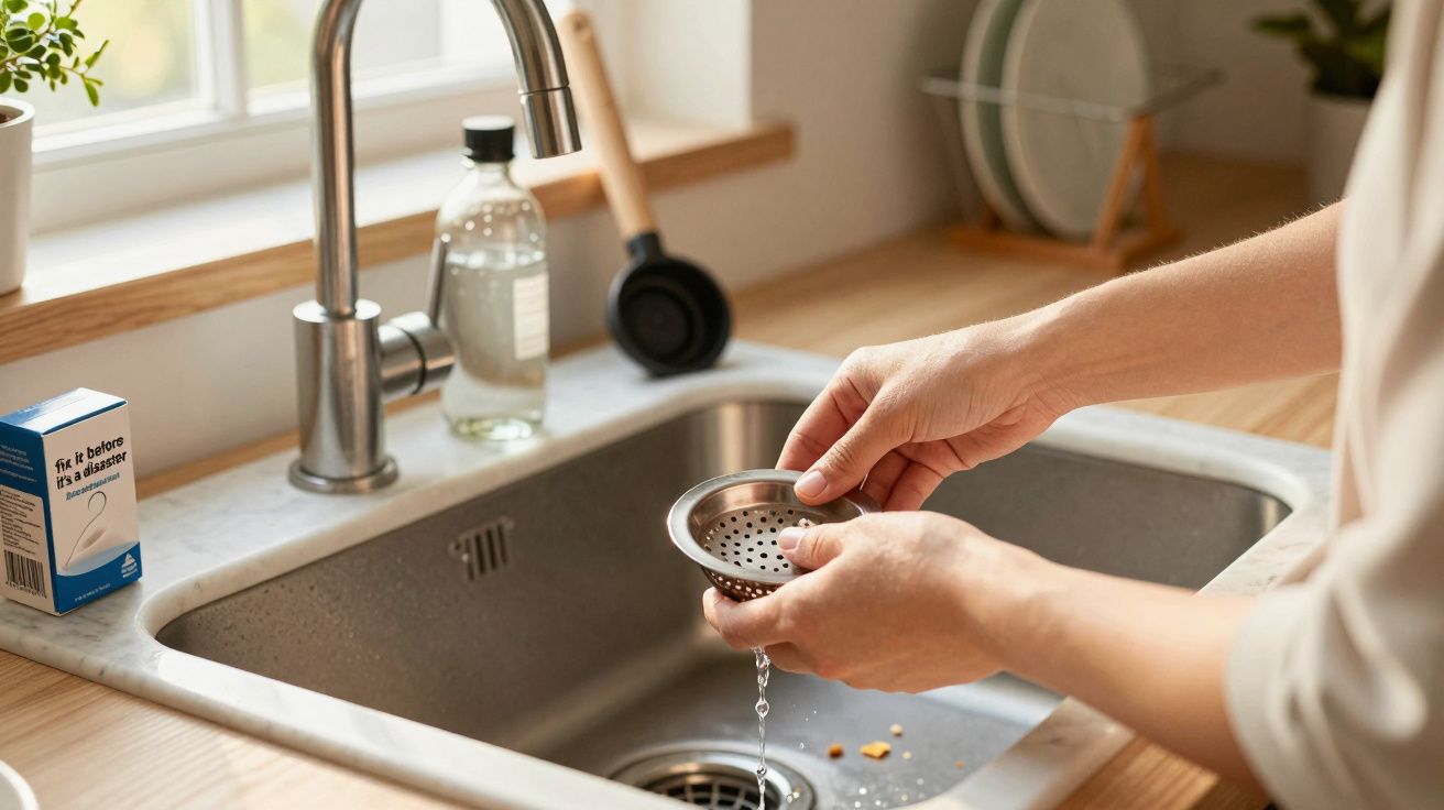 Pessoa a limpar um filtro de ralo de cozinha sobre uma pia com água a escorrer e luz natural junto à janela.