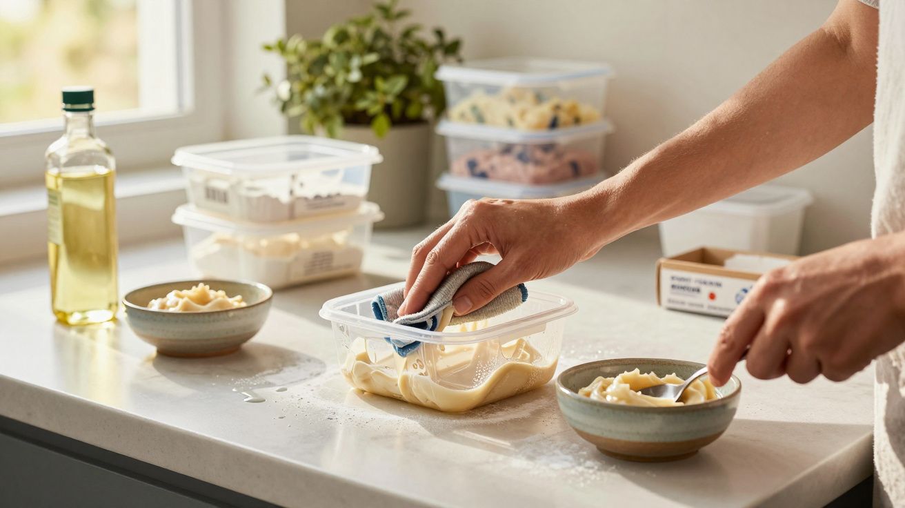 Pessoa a guardar massa fresca em caixas plásticas transparentes numa bancada de cozinha iluminada.