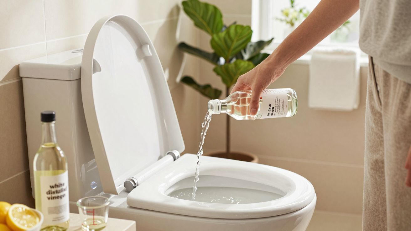 Mão a verter vinagre branco na sanita aberta numa casa de banho clara e decorada com planta verde.