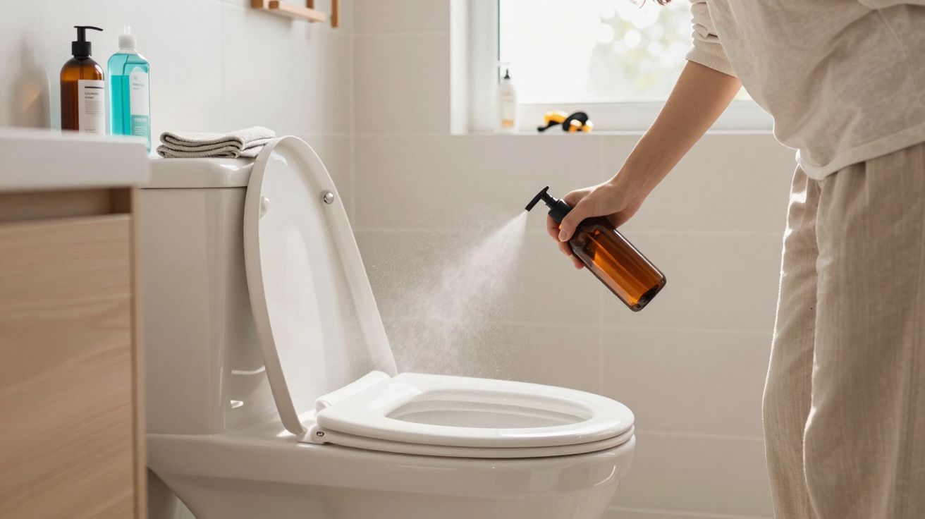 Pessoa a pulverizar produto de limpeza no interior de sanita branca num banheiro luminoso.