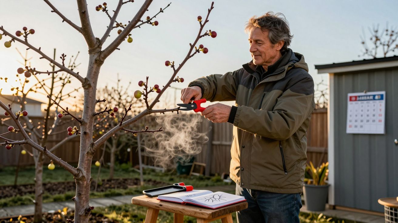 Homem a podar uma árvore de maçãs num jardim ao entardecer, com livros abertos numa mesa próxima.
