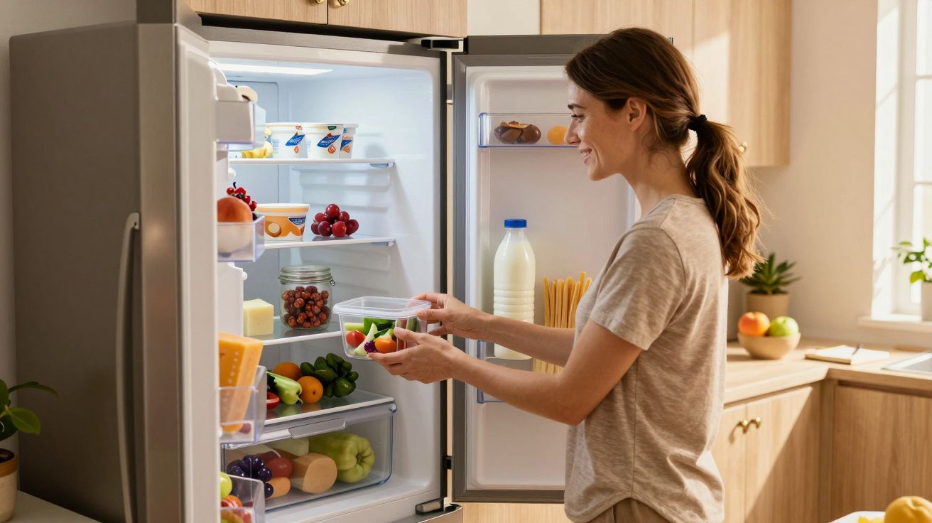 Mulher sorridente a colocar legumes frescos numa caixa dentro do frigorífico aberto numa cozinha moderna.
