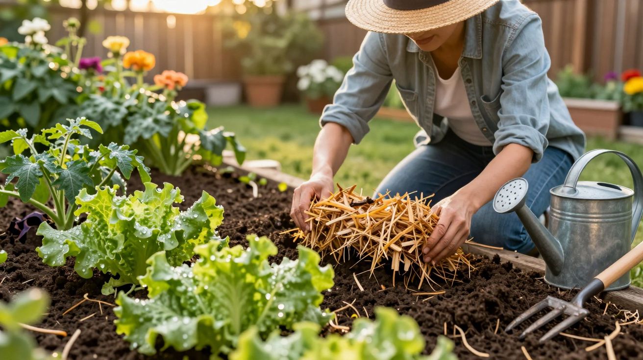 Pessoa a colocar palha numa horta com regador e ancinho junto, plantas verdes e flores ao fundo.