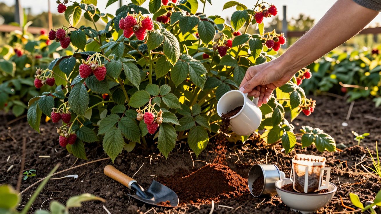 Pessoa a fertilizar planta de framboesas com borras de café ao ar livre num dia ensolarado.