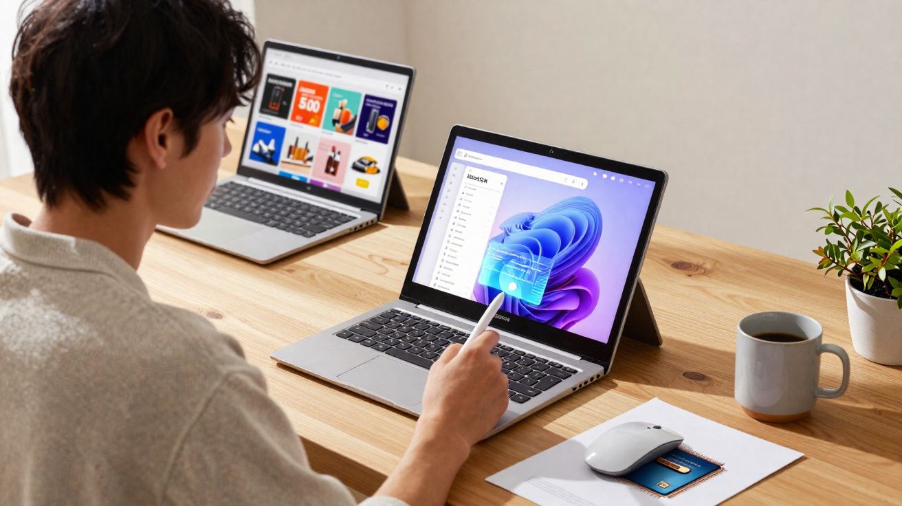 Pessoa a usar caneta digital num portátil num ambiente de trabalho com outra máquina, caneca e planta.