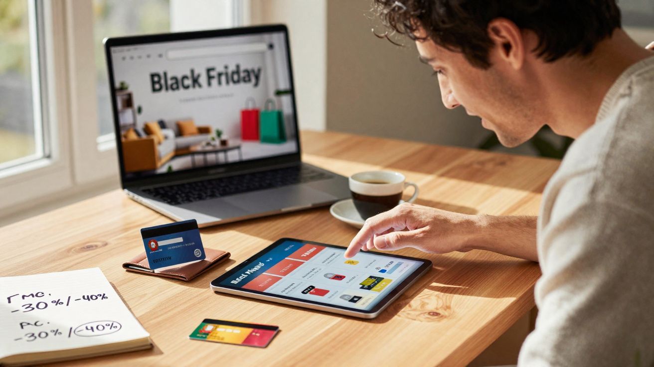 Homem a fazer compras online em tablet, com laptop, cartões de crédito e notas sobre descontos na mesa.