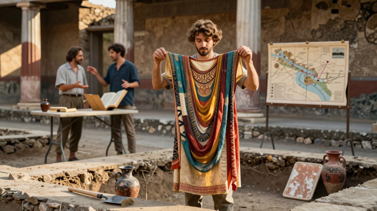 Jovem arqueólogo examina vestuário antigo durante escavação arqueológica com colegas e mapa ao fundo.