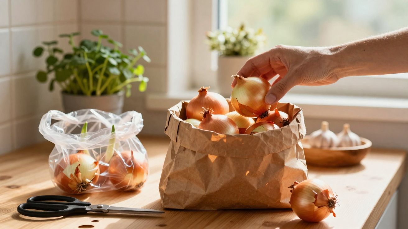 Mão a pegar cebola em saco de papel sobre bancada de cozinha com tesoura e vaso de planta ao fundo.