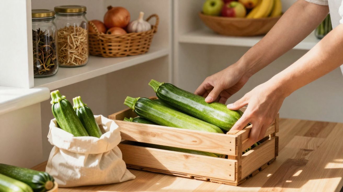 Mãos organizam abobrinhas verdes numa caixa de madeira numa cozinha com legumes e frutas ao fundo.